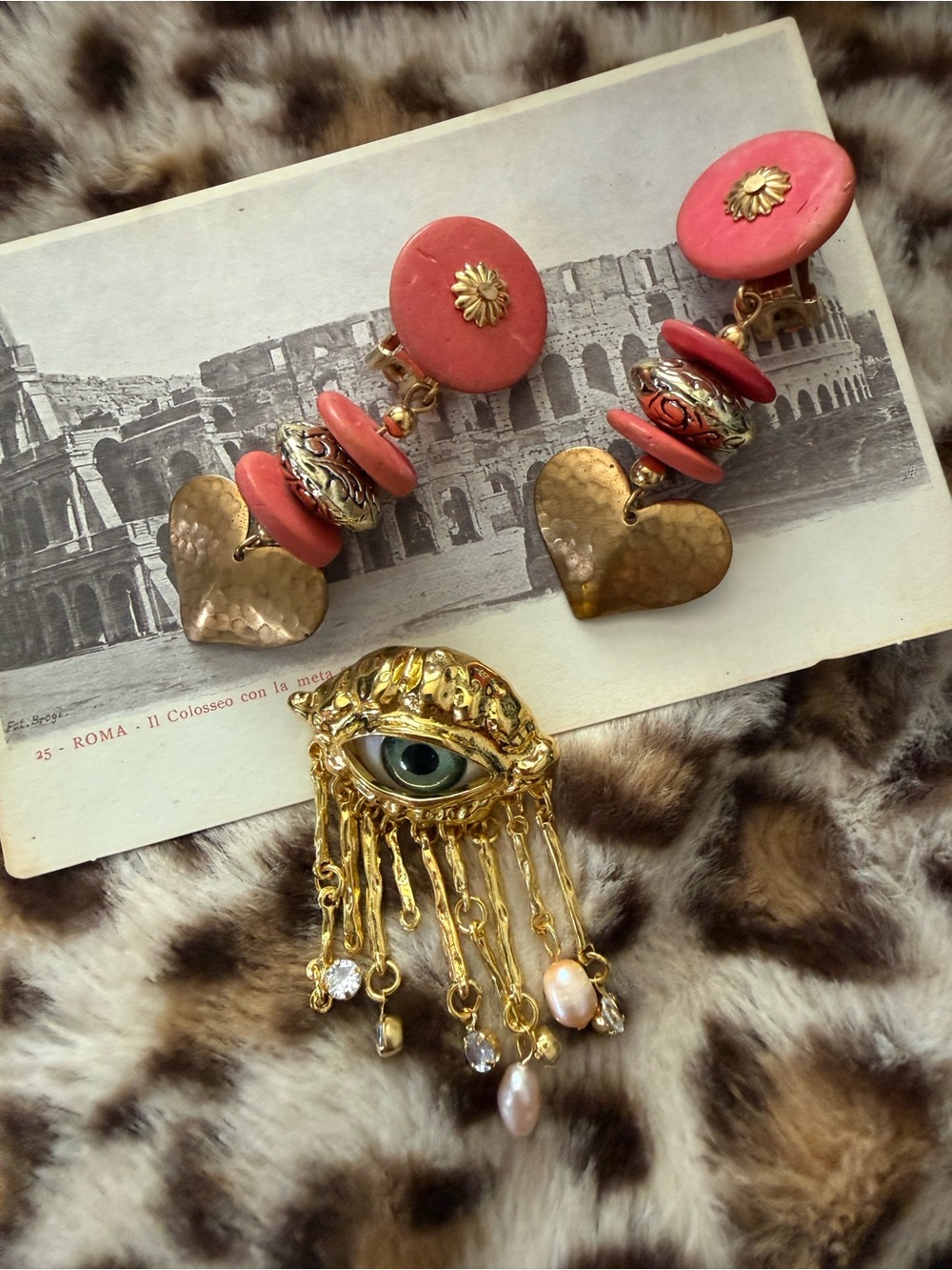 Gold Eye Fringe Brooch and Coral Heart Drop Earrings Set